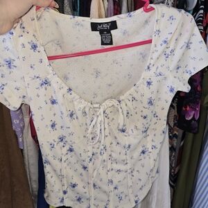 Fitted Cream and Blue Crop Top with Tie Front and Cap Sleeves